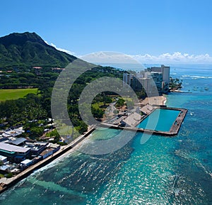 Panorama Aerial Drone View of Waikiki Beach Honolulu Hawaii USA taken from Diamond head. Resorts hotels on the white sandy beach