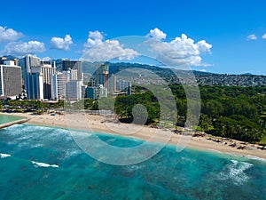 Panorama Aerial Drone View of Waikiki Beach Honolulu Hawaii USA taken from Diamond head. Resorts hotels on the white sandy beach