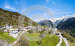 Panorama aerial image of the Swiss mountain village Soglio