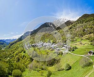 Panorama aerial image of the Swiss mountain village Soglio.