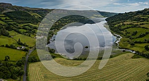 Panorama aerial landscape view of Glencar Lough in western Ireland