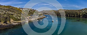 A panorama aerial view across the entrance to the inlet at Solva, Pembrokeshire, South Wales