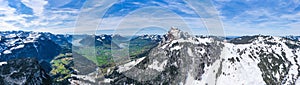 Panorama aerial view of the Alps of Mythen mountain range in central Switzerland