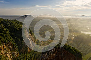 Panorama Aerial view Drone shot of Beautiful scenery landscape sunlight in the morning