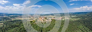 Panorama aerial view of Hohenzollern hill with castle at summer noon near Stuttgart in Germany