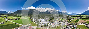 Panorama aerial view of mieming mountain range in Obermieming valley in Tyrol Austria