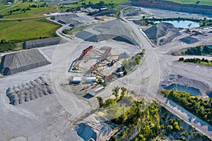 Panorama aerial view open pit mine mining, dumpers, quarrying extractive industry stripping work big mining trucks of