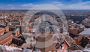 Panorama aerial view of Rome and St. Peter`s Square Piazza San Pietro from St. Peter`s Basilica Dome in Vatican City, Italy