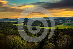 Panorama of aerial view at sunset over Czech countryside