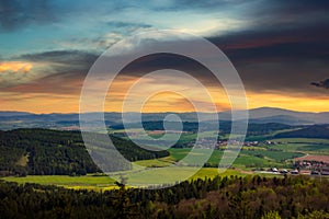 Panorama of aerial view at sunset over Czech countryside