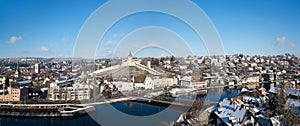 Panorama aerial view of the Swiss old town Schaffhausen in winter, with the medieval castle Munot