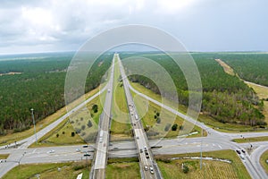 Panorama aerial view traffic line I-10 Interstate expressway near Diamondhead Mississippi