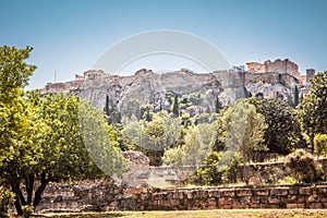 Panorama of the Agora overlooking famous Acropolis hill, Athens, Greece