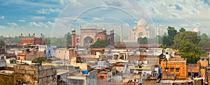 Panorama of Agra city, India. Taj Mahal in background