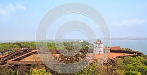 Panorama of Aguada Fort and old lighthouse in Goa, India.