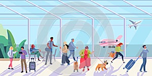 Panorama of the airport hall. People waiting for an airplane flight. Fat lady with dog and luggage. Aircraft. vector