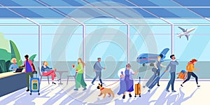Panorama of the airport hall. People waiting for an airplane flight. Overweight woman with a dog and luggage. Flight