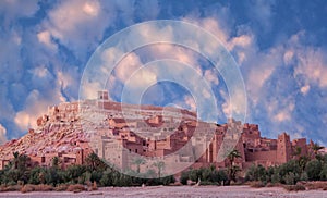 Panorama of Ait Benhaddou Casbah at sunset near Ouarzazate city in Morocco, Africa