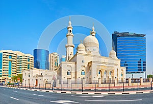 Panorama with Al Yaqub Mosque and modern buildings of Deira, Dubai, UAE