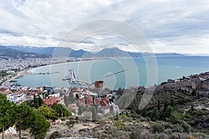 Panorama of Alanya Mediterranean town of Turkey showing sea moun
