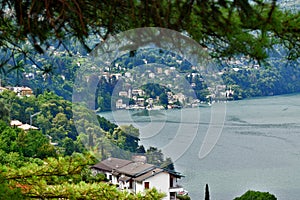 Panorama on the alpine hills above Lake Como, Pognana Lario, Lombardy, northern Italy. photo