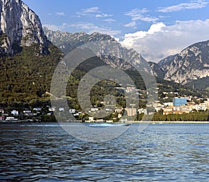 Panorama of Alpine Lake Como against the backdround of the Alps located in the Lombardy region