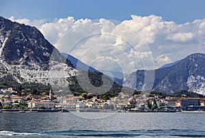 Panorama of Alpine Lake Como against the backdround of the Alps mountains