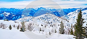 Panorama with Alpine peaks, Feuerkogel Mountain, Ebensee, Salzkammergut, Austria