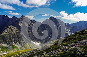 Panorama of amazing summer mountains under blue sky