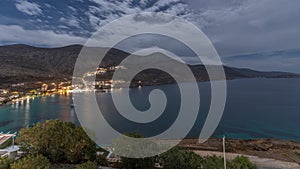 Panorama of Amorgos island night timelapse from above. Greece