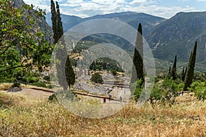 Panorama of Amphitheatre in Ancient Greek archaeological site of Delphi, Greece