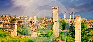 Panorama of ancient city of Hierapolis with statue of Pluto in Pamukkale