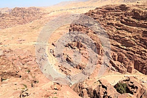 Panorama of ancient city of Petra with Royal Tombs seen from High place of sacrifice, Jordan