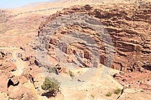 Panorama of ancient city of Petra with Royal Tombs seen from High place of sacrifice, Jordan