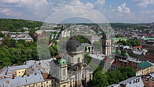 Panorama of the ancient city. The roofs of old buildings. Ukraine Lviv City Council, Dominican Church, Town Hall, the