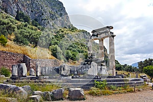 Panorama of Ancient Greek archaeological site of Delphi, Greece