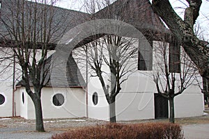 Panorama of ancient historic buildings in the center of town of Kezmarok in Slovakia.