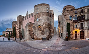 Panorama of Ancient Roman Gate and Placa Nova in the Morning photo