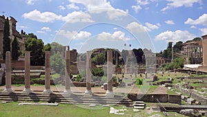 Panorama of ancient ruins Forum Romanum in slow motion. Roman forum in center of Rome city, Italy