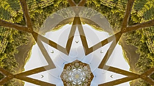 Panorama Angular star shape made from abstract wooden Chuppah photo from a Jewish wedding at sunset