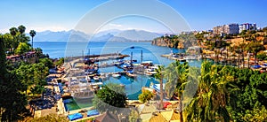 Panorama of the Antalya Old Town port, Turkey