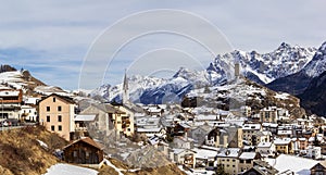 Panorama of Ardez village with the ruins Steinsberg and chuch,