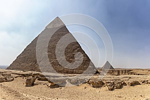 Panorama of the area with the great pyramids of Giza with Pyramid of Khafre or Chephren and the Pyramid of Menkaure in the far