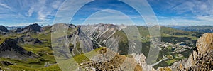 panorama of Arosa and mountain landscape from above in summer