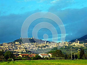 Panorama of Assisi village and Umbria countryside, Italy