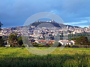 Panorama of Assisi village and Umbria countryside, Italy