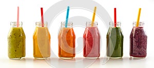 Panorama of assorted fresh fruit and veg smoothies