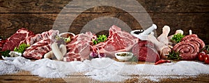 Panorama with assorted raw meat for a winter BBQ