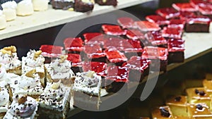Panorama at assortment of different fruit cheesecake and different cake pieces