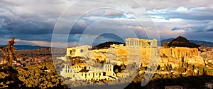 Panorama of Athens with Acropolis hill at dramatic sunset, Greece